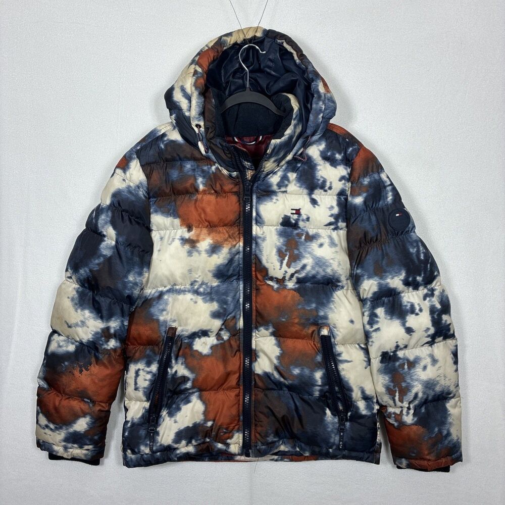 Tommy Hilfiger Men's M Hooded Puffer Jacket Parka Navy Orange Tie Dye Insulated